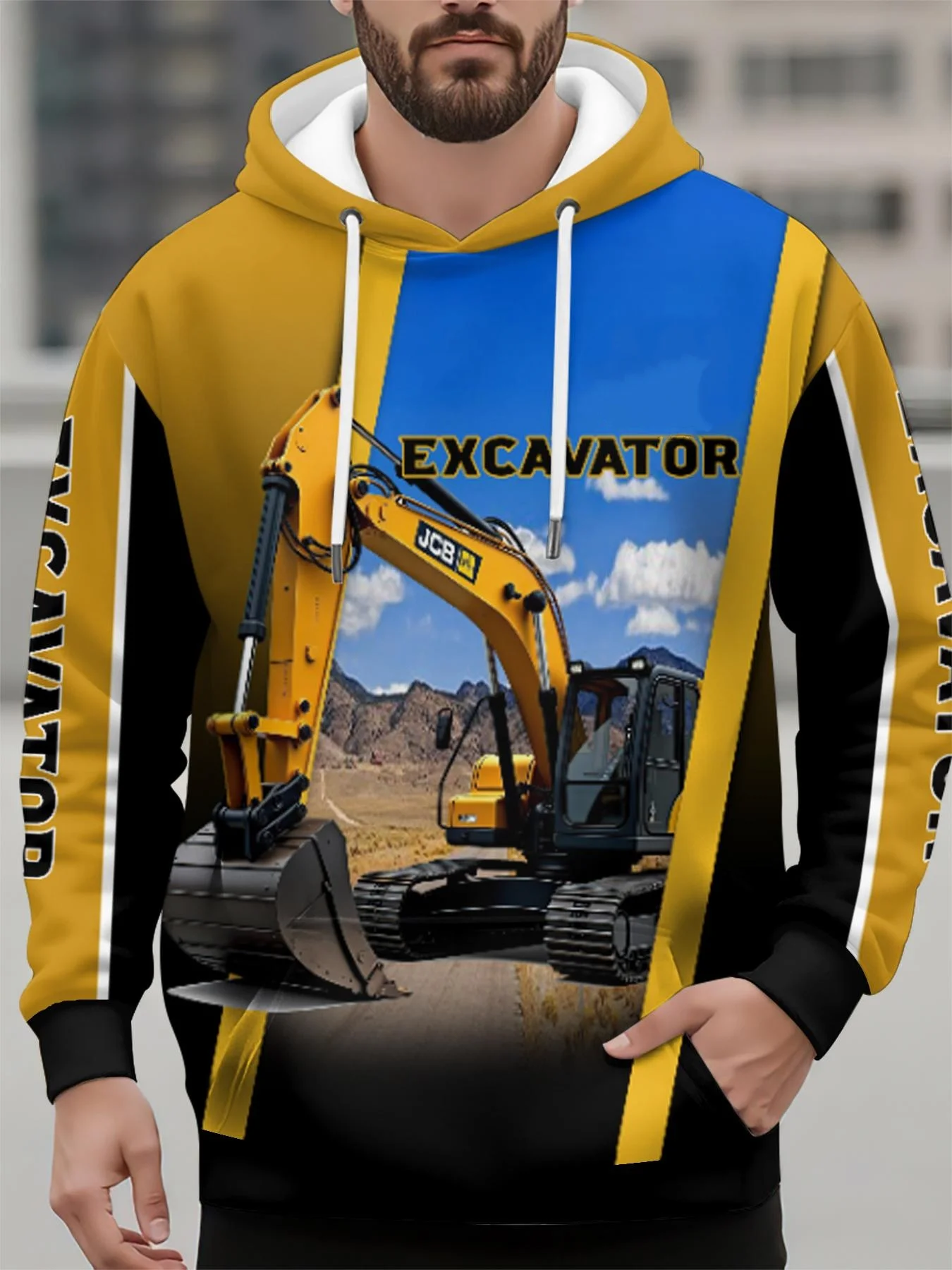 3D Printed Truck Excavator Graphic Men's Hoodies Autumn Vintage Pattern Long Sleeve Sweatshirt Stylish Loose Comfortable Clothes