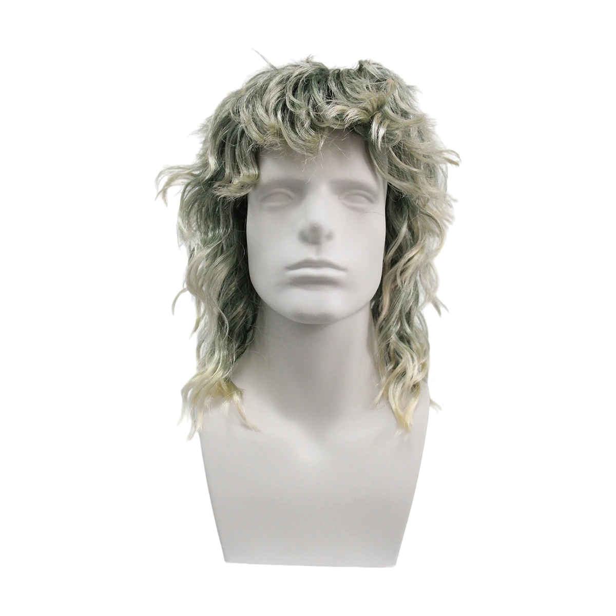 Green Blonde Gradient Mullet Synthetic Wig, Shaggy Curly Men’s Hair for Halloween Costume and Cosplay Party