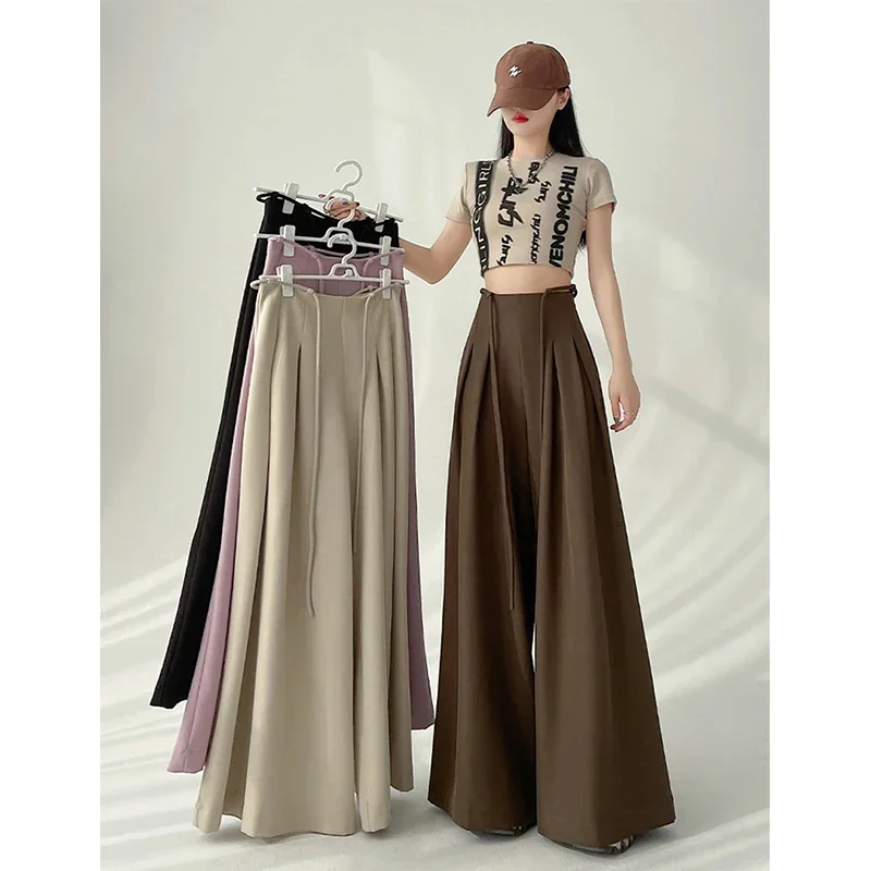 

2024 New Streetwear Wide Leg Pants Women Korean Black High Waist Suit Pants Summer Fashion Elegant Lace Up Straight Trousers New