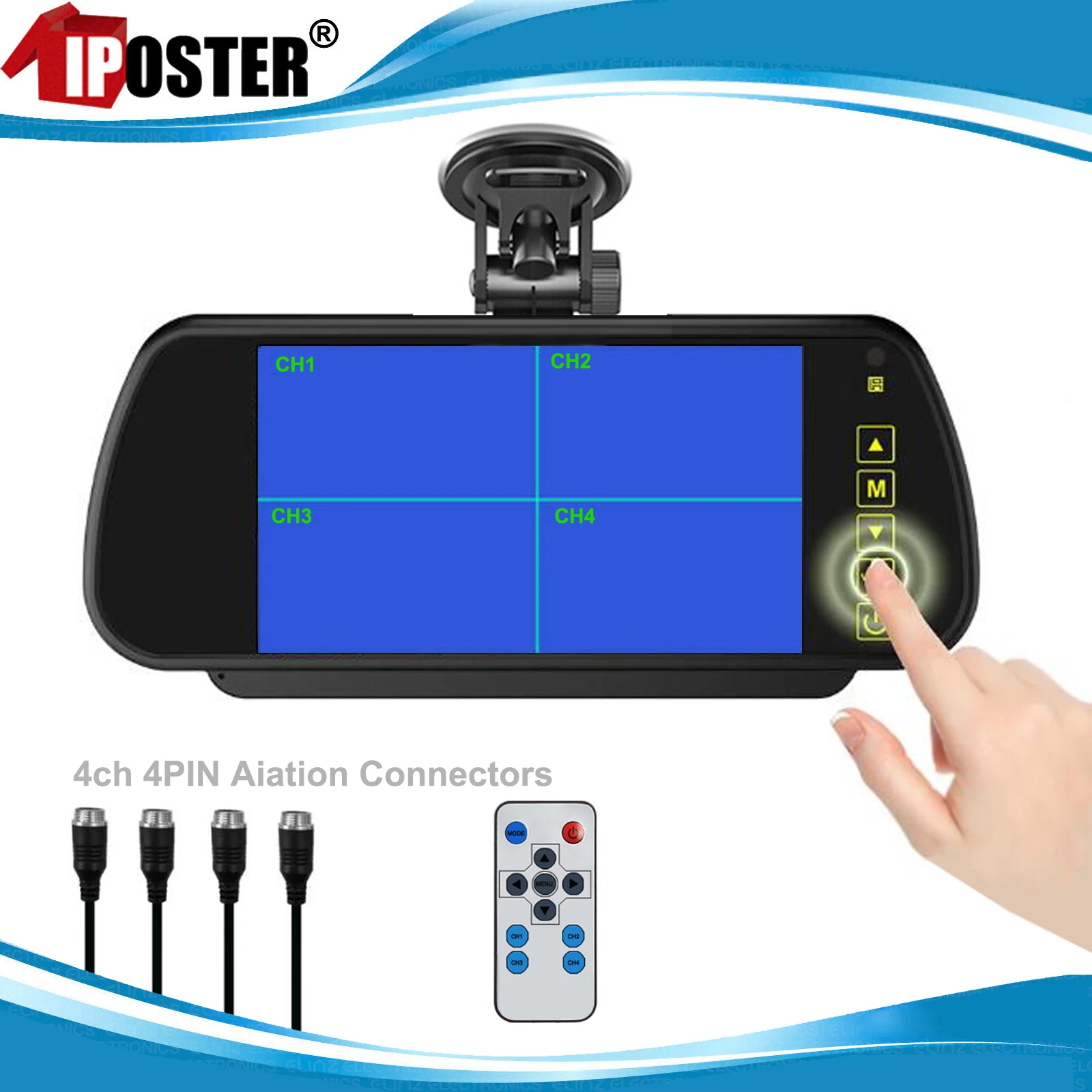 

iPoster 7" TFT LCD Screen Car Rear View Mirror Monitor Split Screen 4ch Video in 12-24v Remote For Truck Rv Caravan Car Trailer