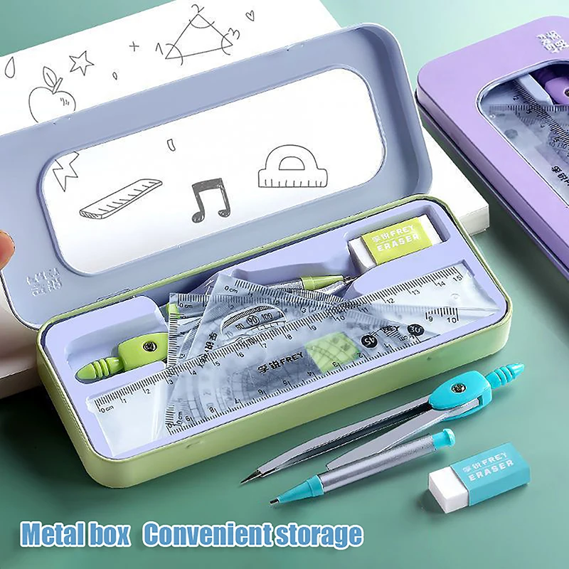 Ensemble de règles de boussole pour étudiants, ensemble de règles triangulaires mignonnes, boîte de règles spécifiques à l'examen, outils de dessin, fournitures scolaires, 7 pièces