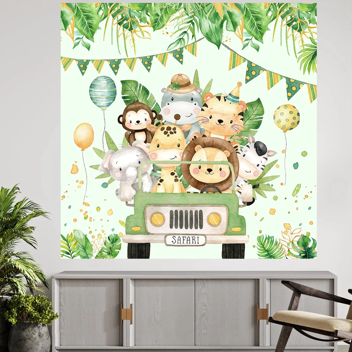 Jungle Animal Driving Car Background Happy Birthday Party Decoration Backdrop Kids Baby Shower Jungle Safari Birthday Suppies