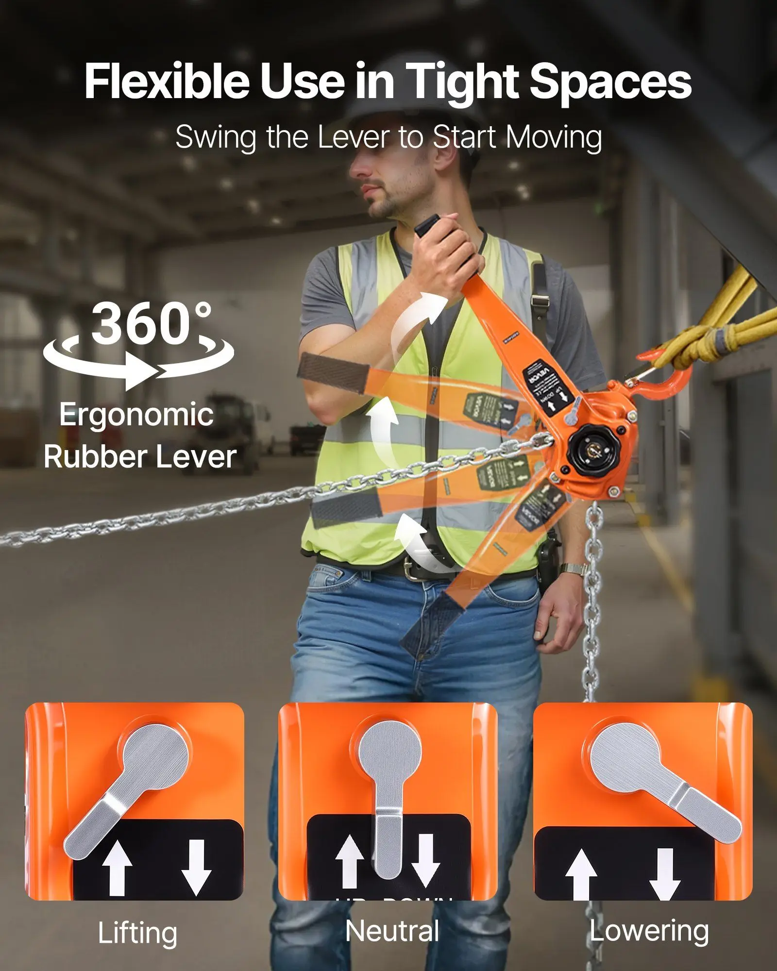 1.5T/3300LBS Manual Lever Chain Hoist 10FT G80 Alloy Steel Chain with Dual Pawl Brake & 360° Hooks for Warehouse Construction