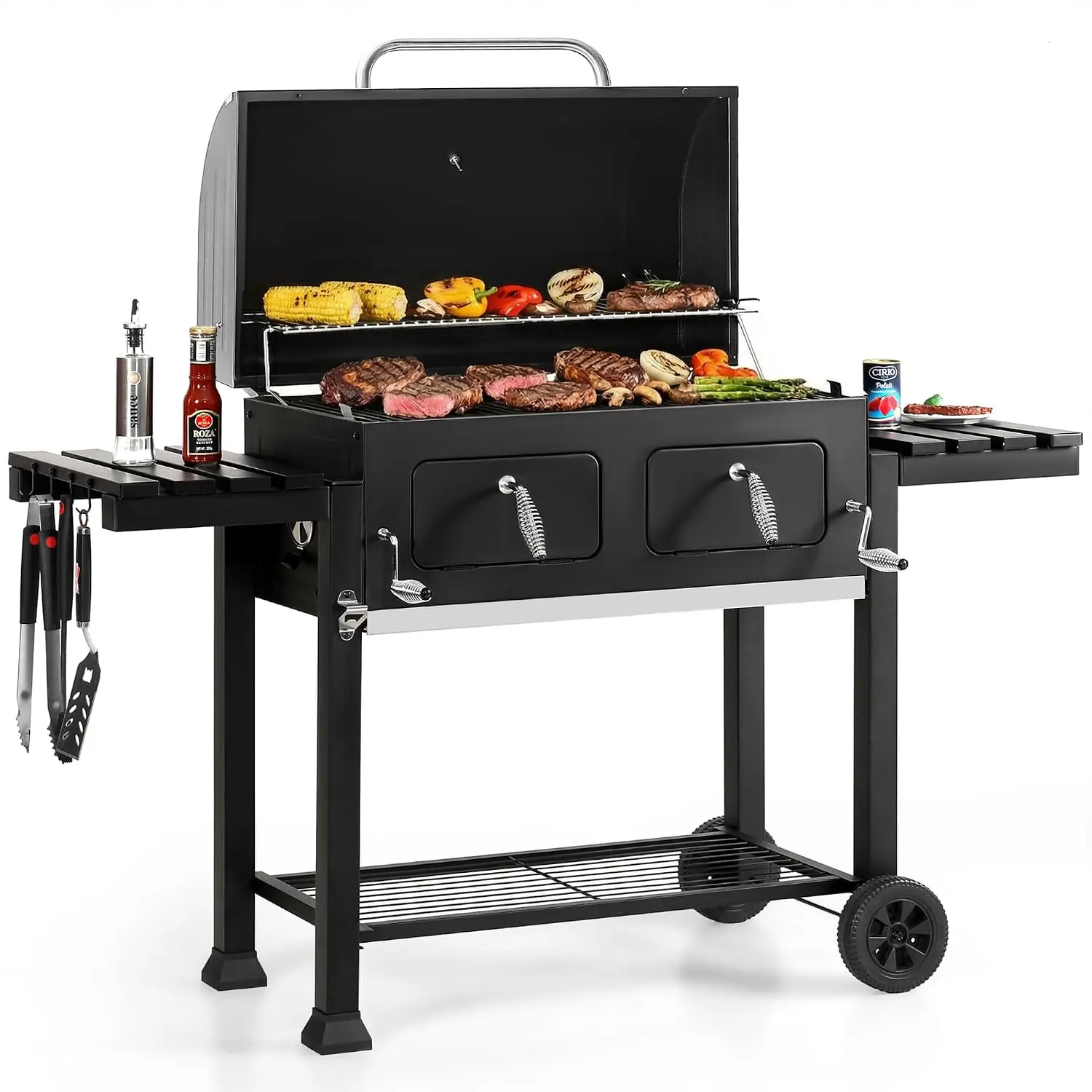 Outdoor Barbecue Grill Heavy Duty with 2 Individual Lifting Charcoal Tray and Foldable Side Table,BBQ Outdoor Cooking, Black