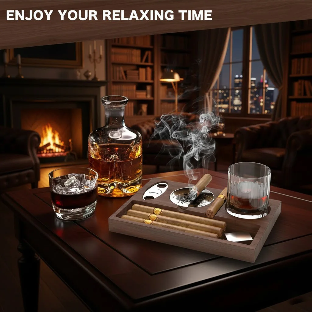 Luxury Wooden Cigar Ashtray Set with Cutter and Whiskey Glass Holder, Portable Walnut Cigar Tray for Men, Father's Day Gift