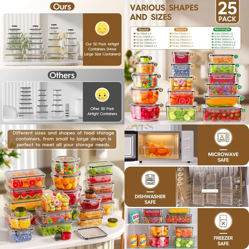 

Set of 50 Airtight Food Storage Containers with Lids, Leak-Proof, BPA-Free, Microwave & Dishwasher Safe, Includes Labels & Pen