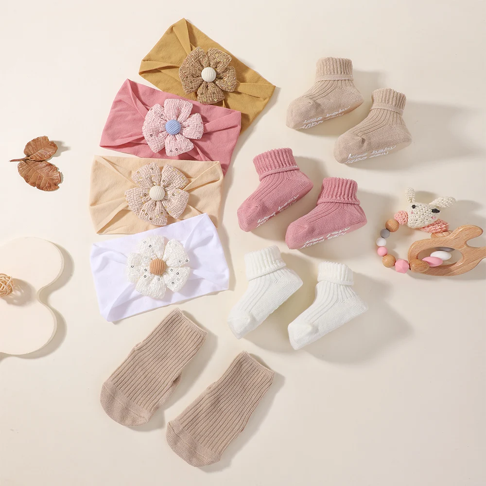 

BABY BOWS 3Pcs/set Baby Headband and Socks Set Newborn Floral Headband Cotton Socks Infant Hair Accessories Gift Set