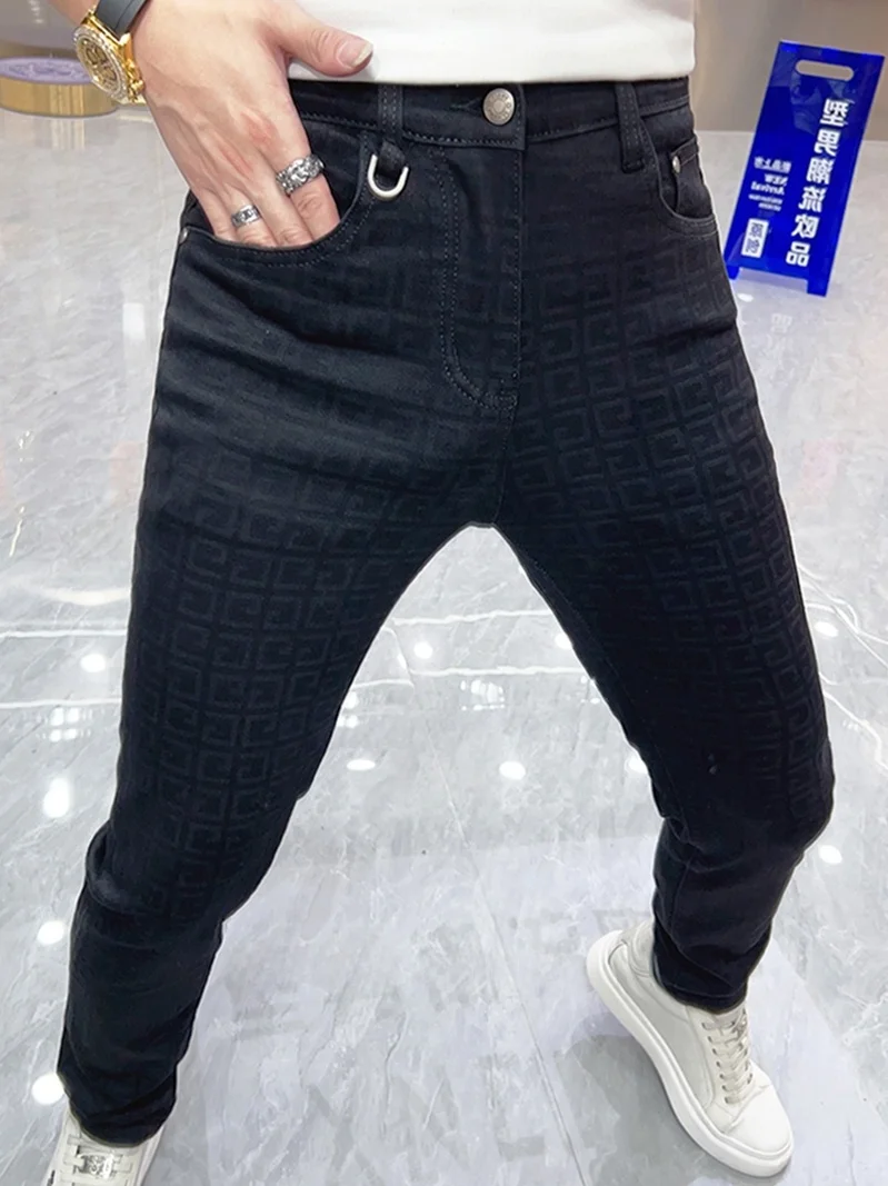 

Мужские джинсы Bla Slim Fit с эластичной талией и цветочным узором, повседневные, с высокой талией, для молодежи, осень-зима