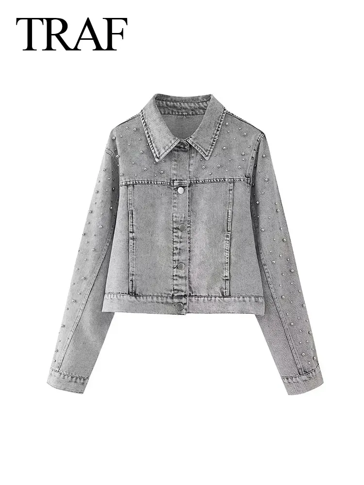 TRAF-abrigo de mezclilla para mujer, chaqueta holgada de un solo pecho con solapa de perlas de imitación, cárdigan Vintage con bolsillo, Primavera