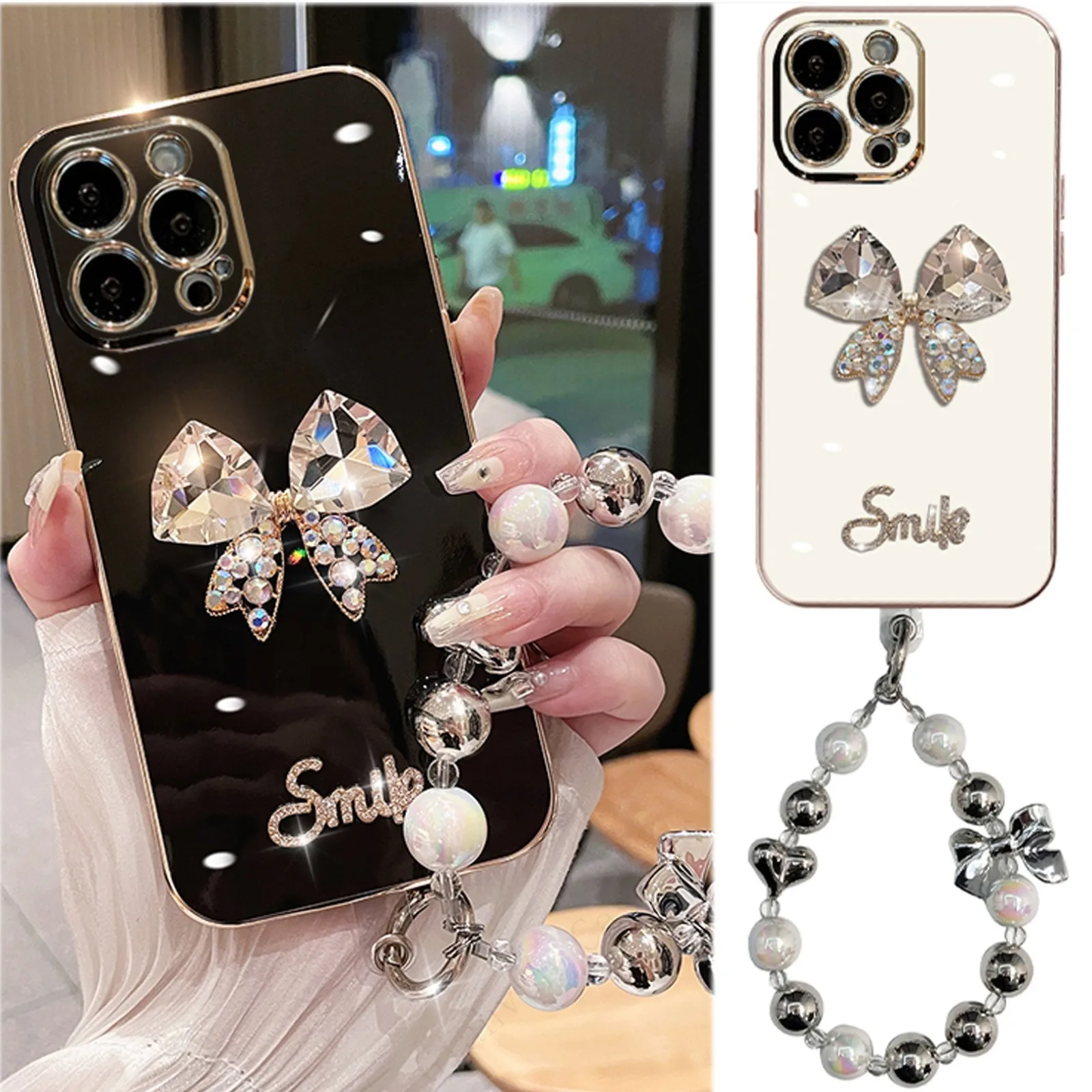 3D Crystal diamond Bow Smile Strap Plating Phone Case For iphone 15 14 12 Pro Max MiNi 11 13 Pro X XS XR 6 S 7 8 Plus SE Cover