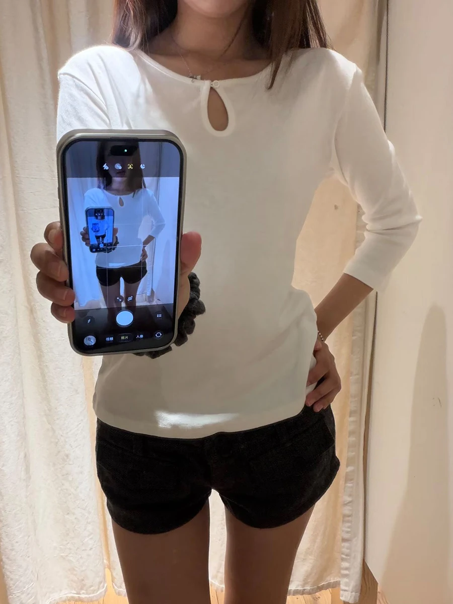 Keyhole Notch White T-shirts Woman Autumn O-neck Three Quater Sleeve Tshirts Female Casual Sweet Preppy Style Cotton Tee Tops