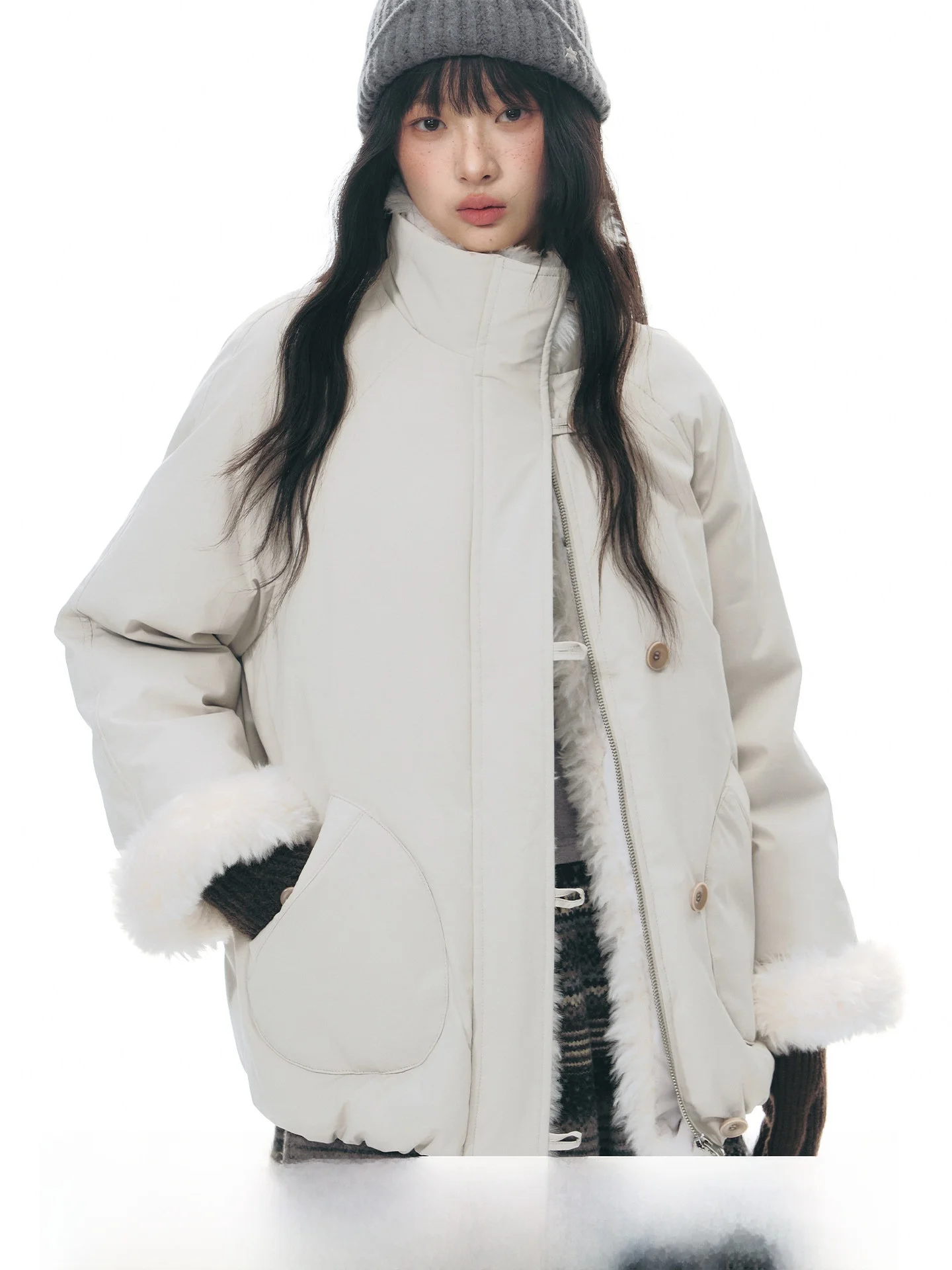 

NAPSNAPS Original Detachable Fur Collar Cotton Jaet Women's Winter Warm Small Size Stand Collar Parka Cotton Top
