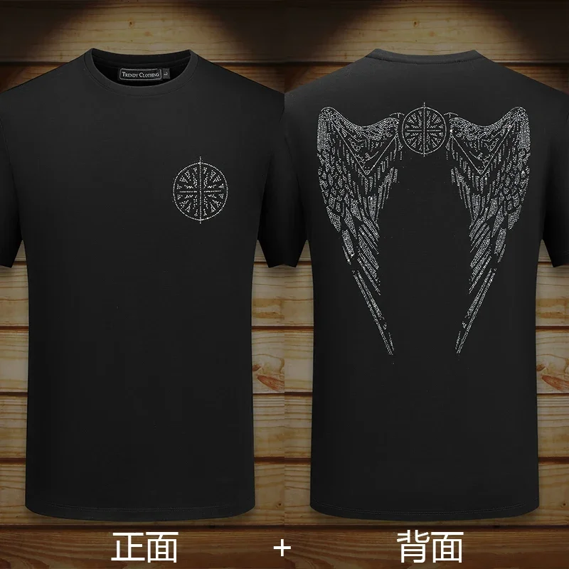 Casual Short Sleeve T Shirts Men Summer Clothes Wings Pattern Rhinestones Fashion Streetwear O Neck Mercerized Cotton T-shirts