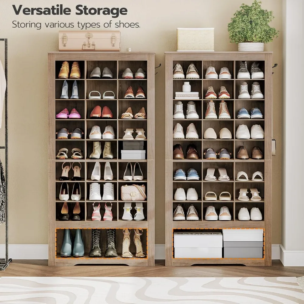 Tall Shoe Cabinet, 9 Tier Shoe Storage Cabinet, Freestanding Wooden Shoe Cabinet Organizer with 24 Cubbies and 3 Hooks