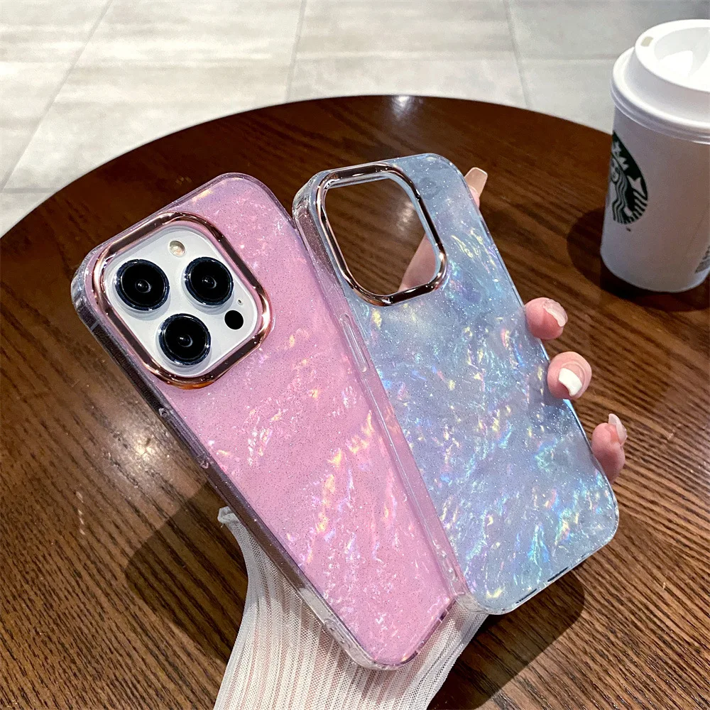 48PCS Electroplated Silicone Phone Case For iPhone 13 Pro Max, Bling Glitter, Shell Pattern, Anti-wear, Ins-style Back Cover