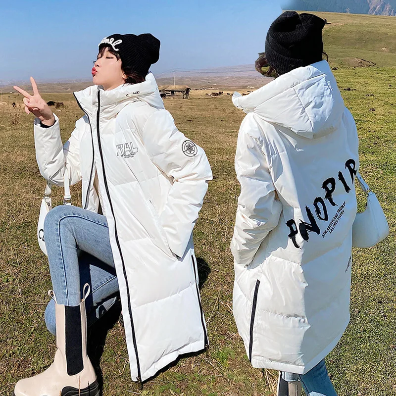 

2022 New Winter Black Long White Duck down Jacket Women Streetwear Casual Fashion Loose Letter Windproof Parkas Hooded Down Coat