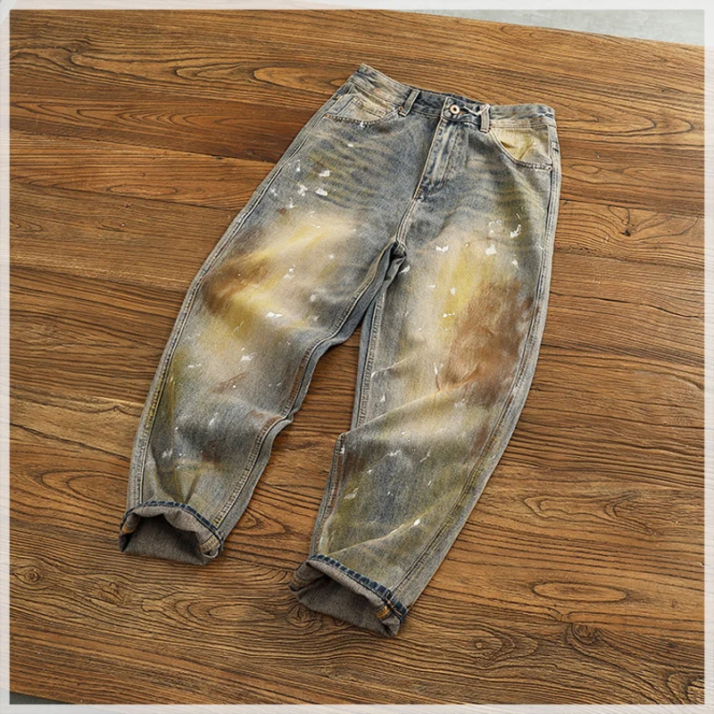 Jeans de perna reta soltos pesados de outono e inverno para homens, calças jeans vintage com tinta salpicada personalizada