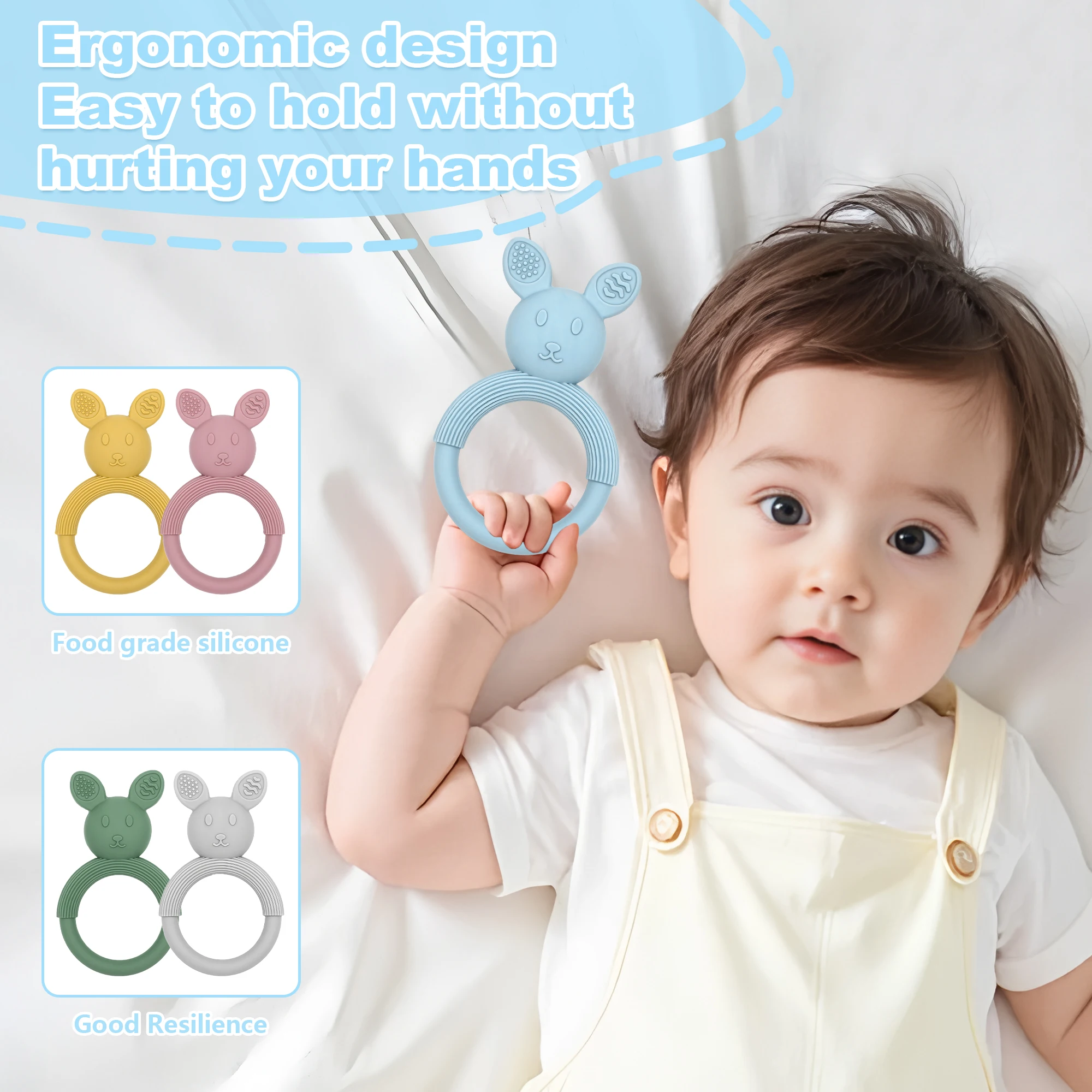 Silikonowy gryzak dla niemowląt, idealny prezent dla dzieci, łatwy do chwytania, miękka zabawka do gryzienia w kształcie królika, bez BPA.