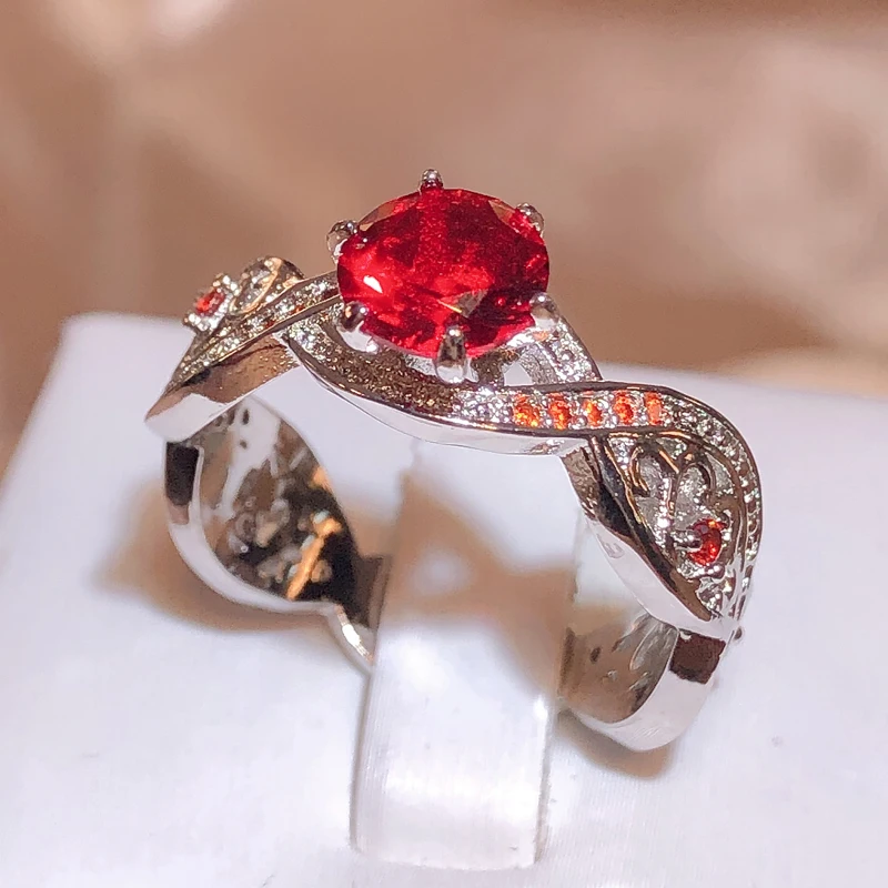 Đầm Đỏ Pha Lê Nhẫn Đính Đá Zircon Màu Bạc Nhẫn Cưới Rỗng Trang Sức Nữ Bé Gái Tặng Thả Vận Chuyển Mới