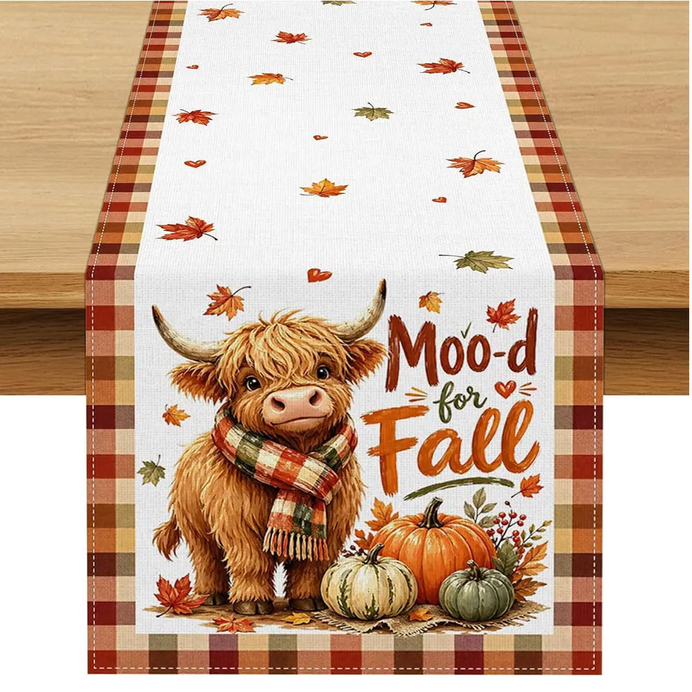 Linen Table Runner with Squirrels Storybook Fairy Cottage Autumn Leaves Pumpkins on Off White Thanksgiving Tablecloth