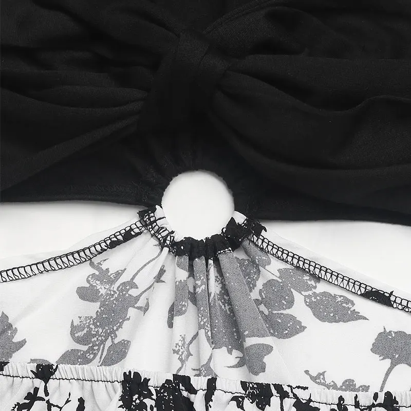 Vestido midi recortado con cuello halter y estampado floral blanco y negro para mujer, vacaciones de verano, fiesta informal, moda ajustada