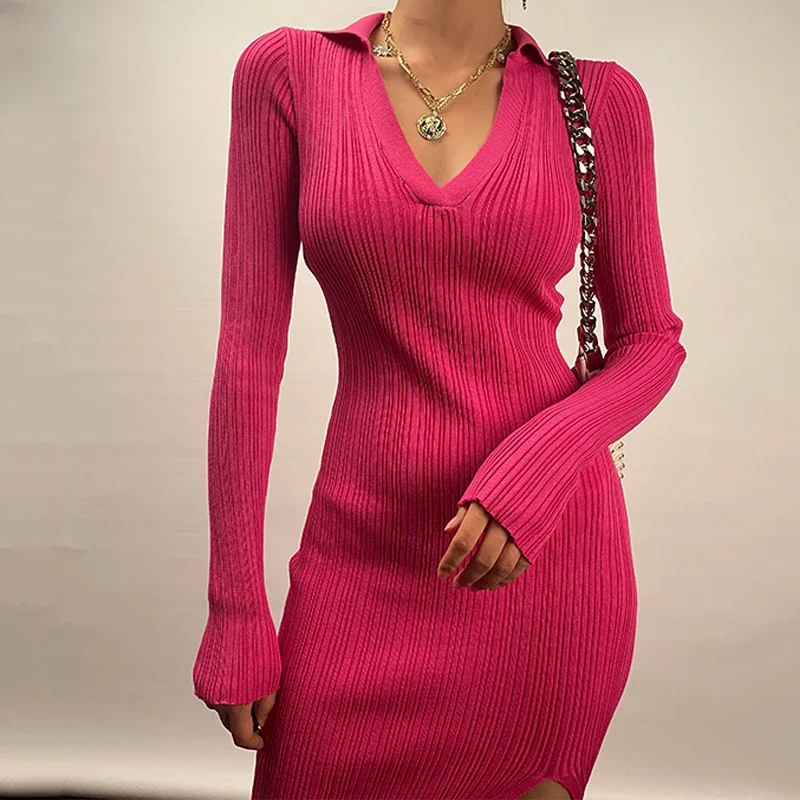 YuooMuoo Autumn Winter Knit Rib Wrap Midi Pencil Dress for Women Streetwear Korean Long Sleeve Bodycon Split Sweater Party Dress