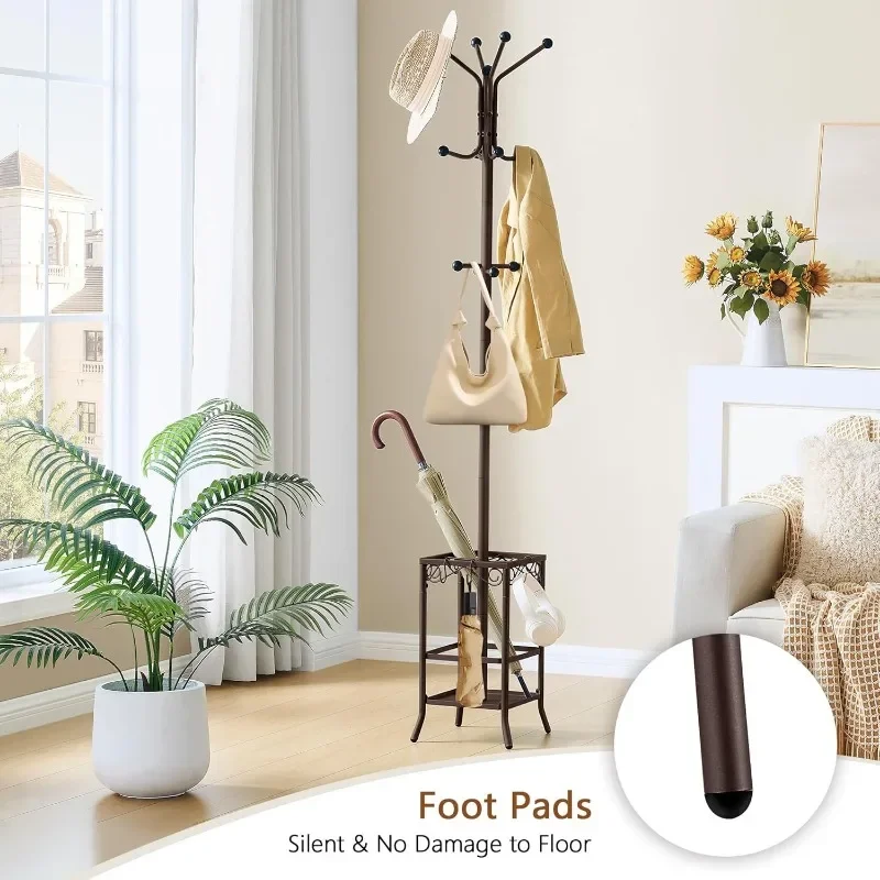 

Отдельностоящая вешалка для одежды, подставка для вешалки для одежды в прихожей, держатель для зонтов, дерево для прихожей с 12 крючками, стоячая вешалка для одежды,