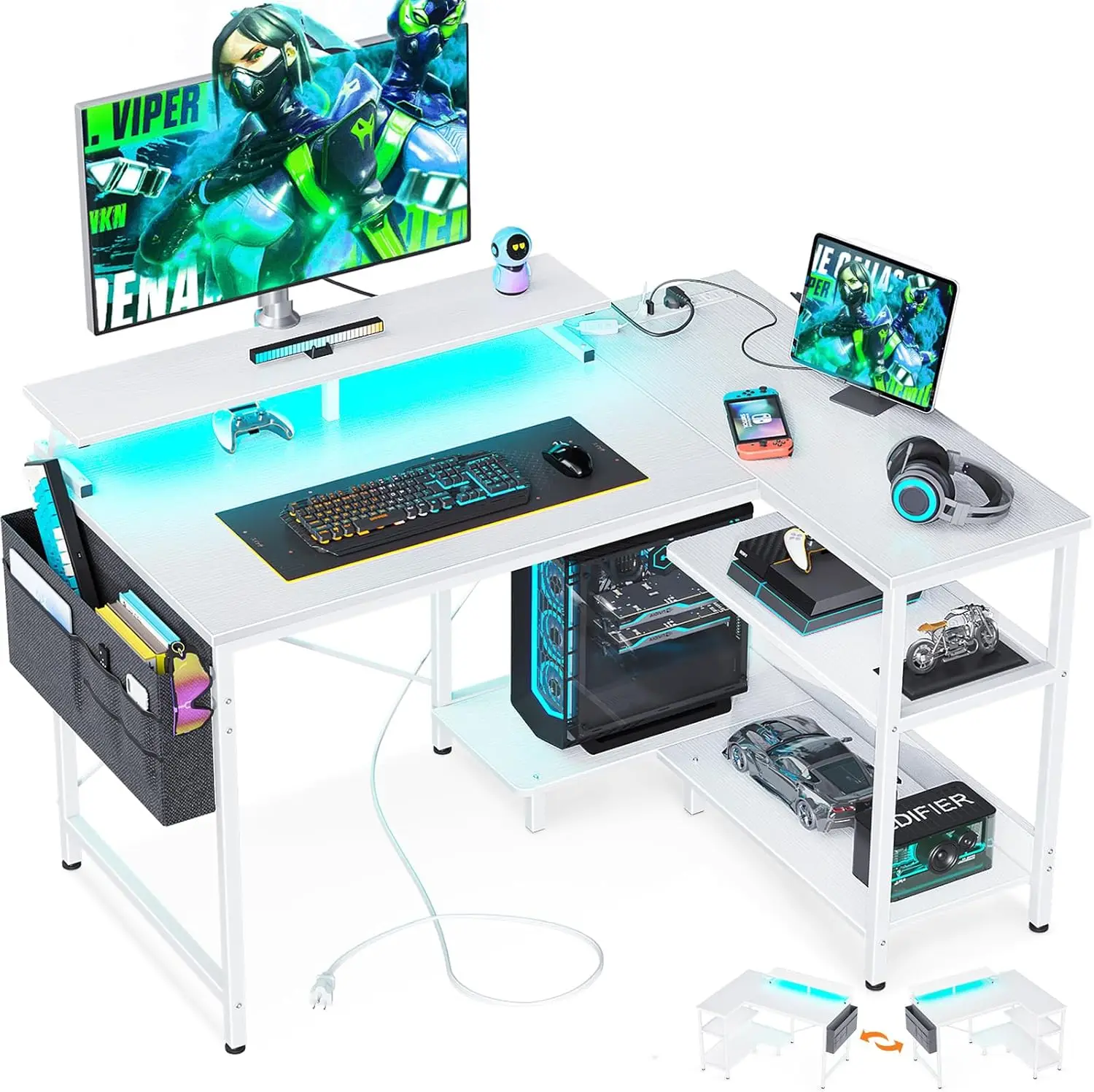 

40 Inch Gaming Desk with USB Charging Ports and LED Lights, Reversible L Shaped Computer Desk with Storage Shelves, White