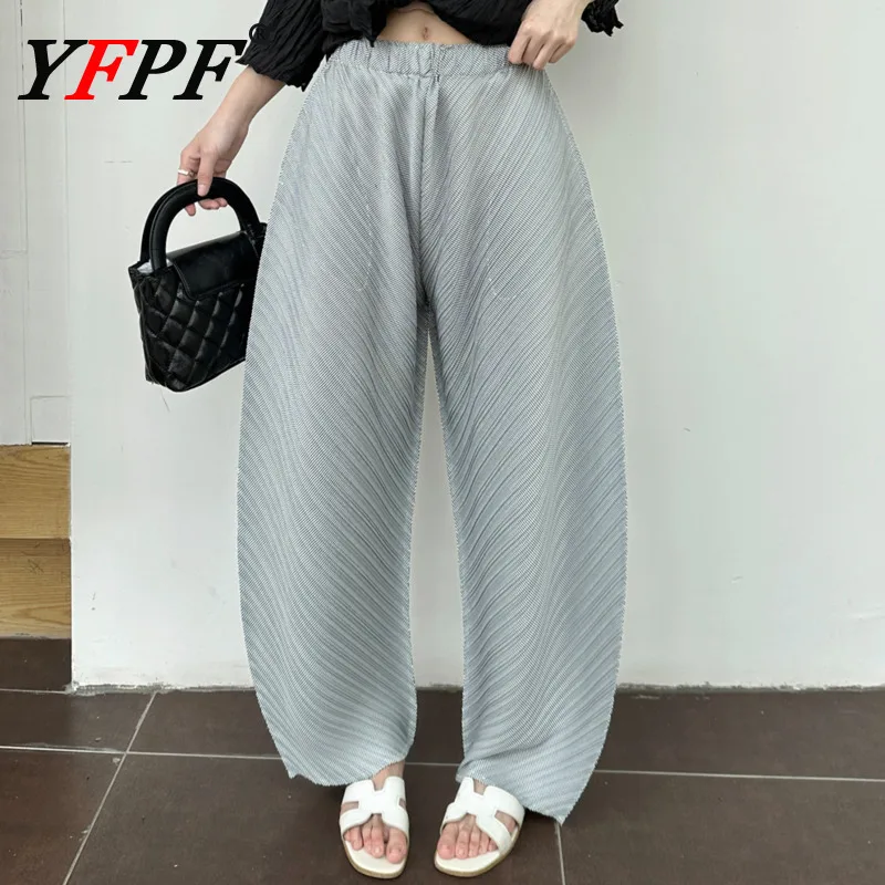 

YFPF Casual Loose Pleated Long Pants Women Elastic Waist Folds Wide Leg Trousers Versatile 2025 Summer Fashion Clothing 3A289