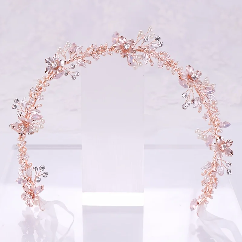 Rose Gold Flower Headband Wedding Accessories Pearl Rhinestone Hairband Tiara Headband For Bride Ornament Hair Jewelry Headband