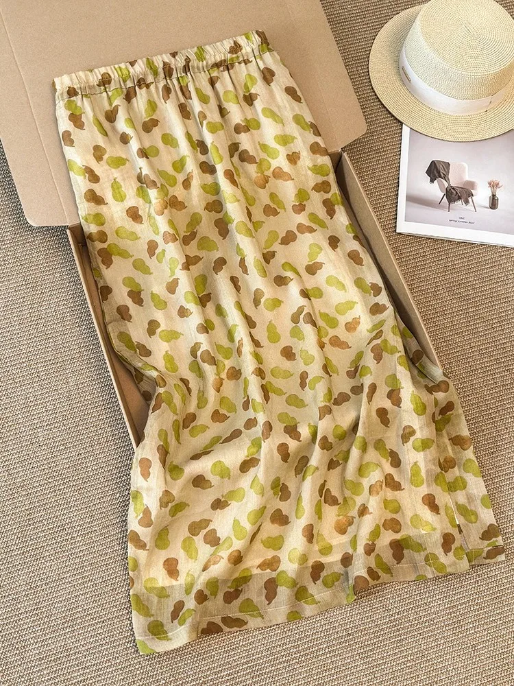 

Retro Floral Linen Half Skirt Women's Summer New Loose Versatile High Waist Drawstring Midi A-Line Skirt Casual Commute