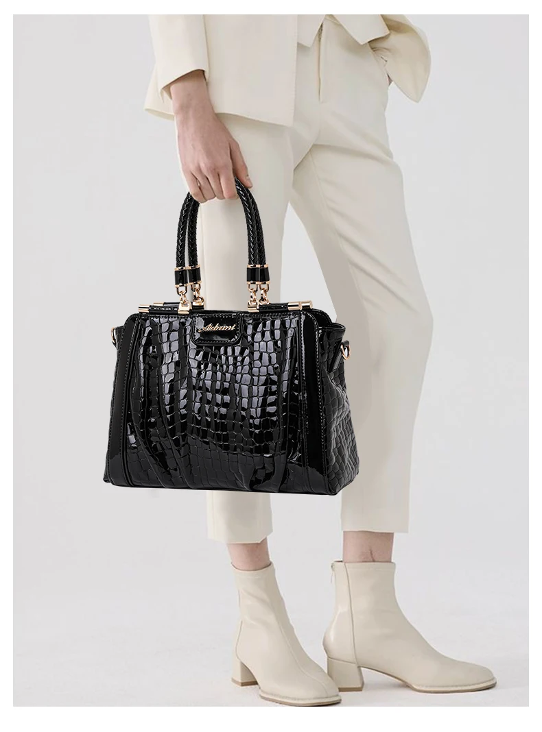 Aidrani Neue Glänzende Kroko-Muster Lackleder Handtasche für Damen mit Geflochtenem Griff und Metallkette, Crossbody Alltagstasche – Detail 3