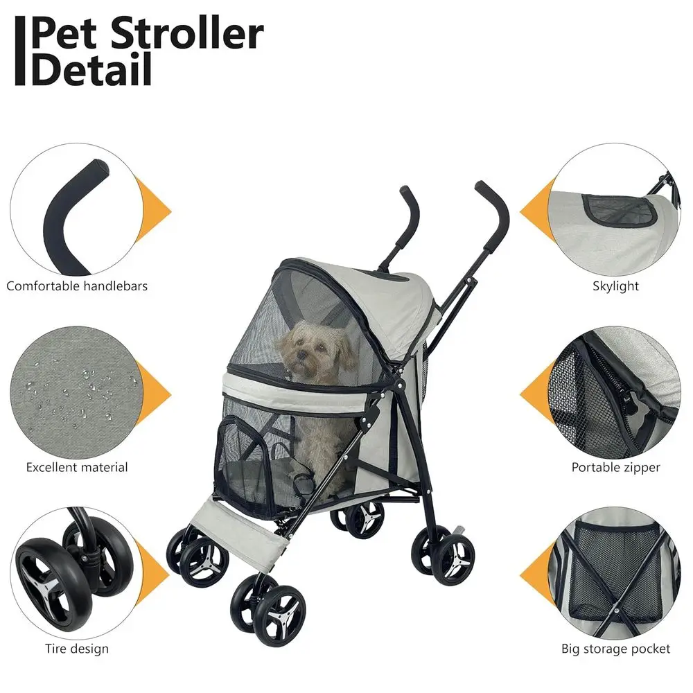 Compact 4-Wheel Dog Stroller for Small to Medium Dogs, Lightweight and Portable, Ideal for Travel and Jogging, Up to 22lbs, Gray