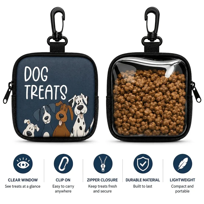 Bolsa Portátil para Petiscos de Cães com Janela Transparente e Zíper, Bolsa de Treinamento com Clip para Passeios ao Ar Livre e Recompensas Diárias