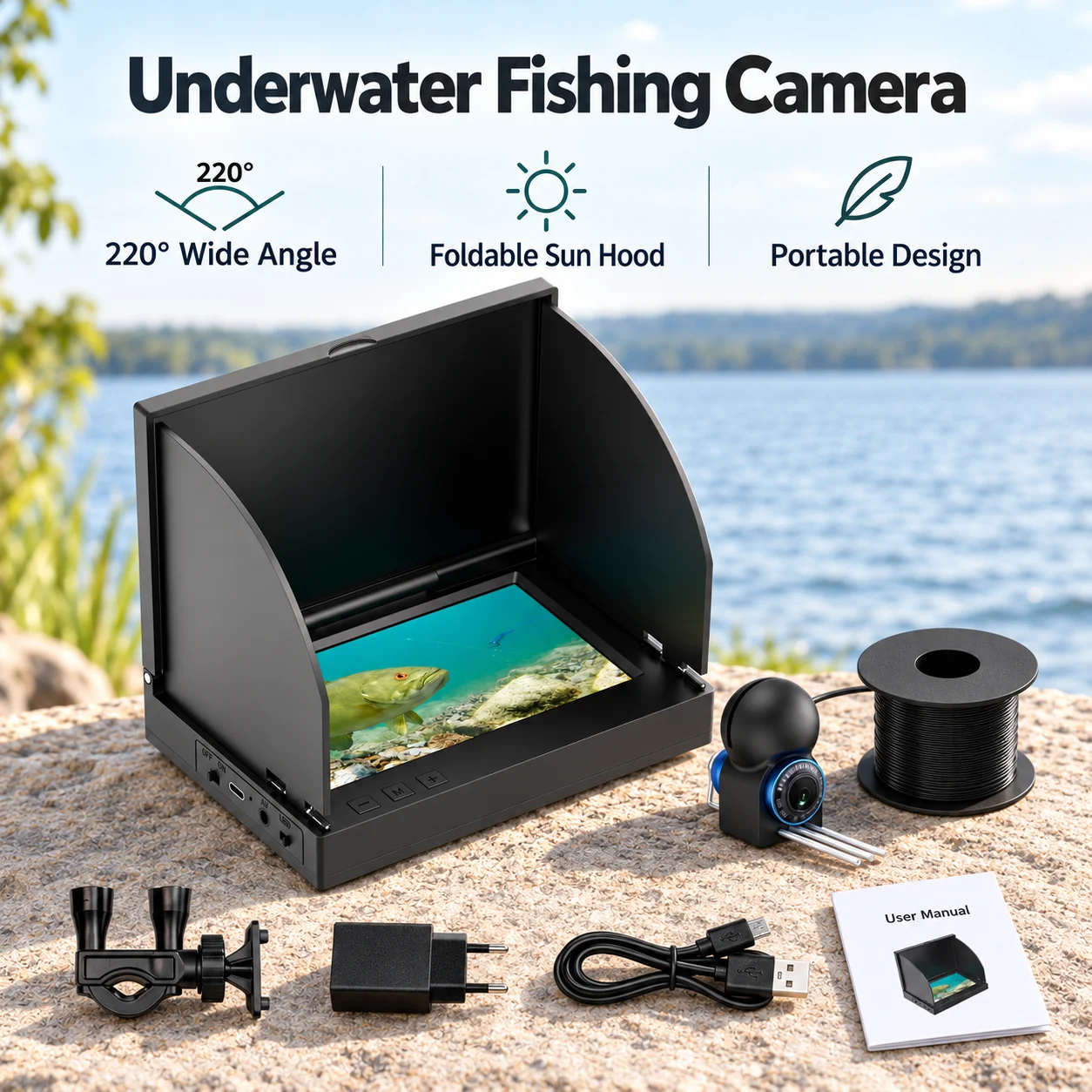 underwater-fishing-camera-with-monitor-12-infrared-leds-220°-wide-angle-ip68-camera-type-c-charging-and-rod-holder-kit