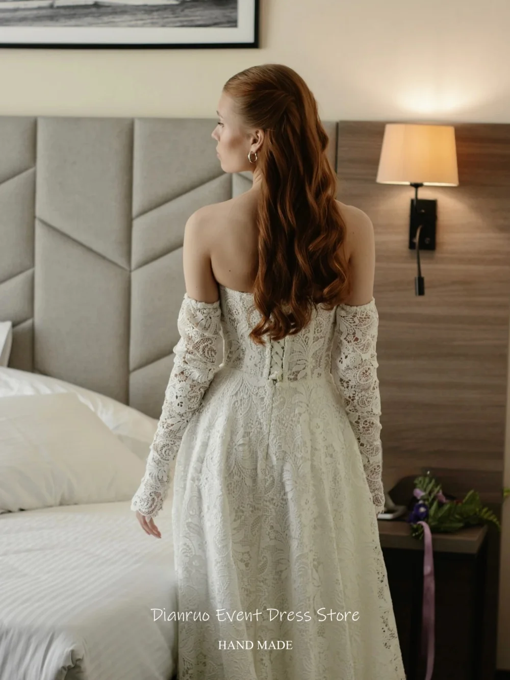 Dianruo A Line Strapless Wedding Dress Lace Modern Vestido Novia Civil Appliques Graceful Long Length Robe De Mariée Customized