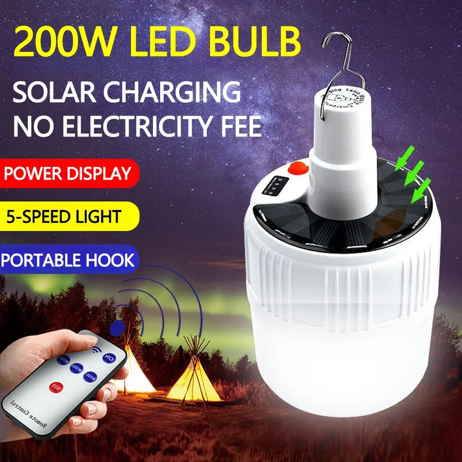 Solar Powered LED Camping Light Bulb with USB Rechargeable 200W High-power 5-speed Light Outdoor Hook Tent Light Energy-saving