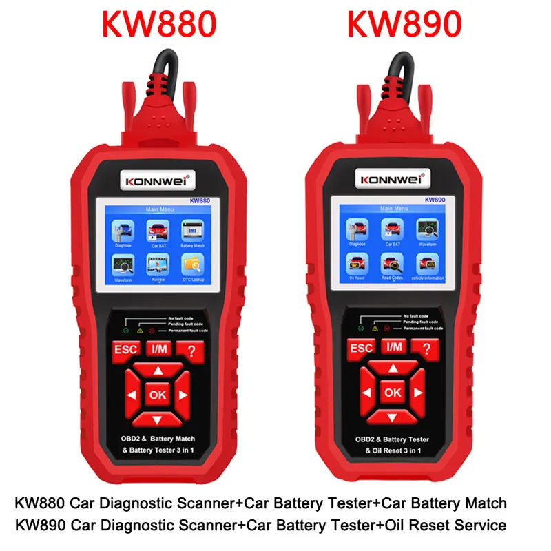 KONNWEI KW880 KW890 12V Car Battery Tester Analizer Auto Diagnostic Tools Battery Match 3 in 1 Code Readers OBD2 Scanner