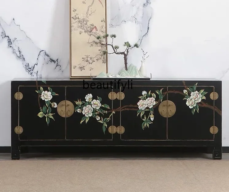 D2520 New Chinese hand-painted TV cabinet, wood simple black lacquer living room decorative low cabinet audio-visual, furniture