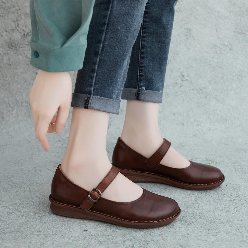 

Mary Janes Women Flats Leather Casual Shoes Black Ladies Handmade Girls Low Heels Genuine Leather Soft Women Shoes Spring2023