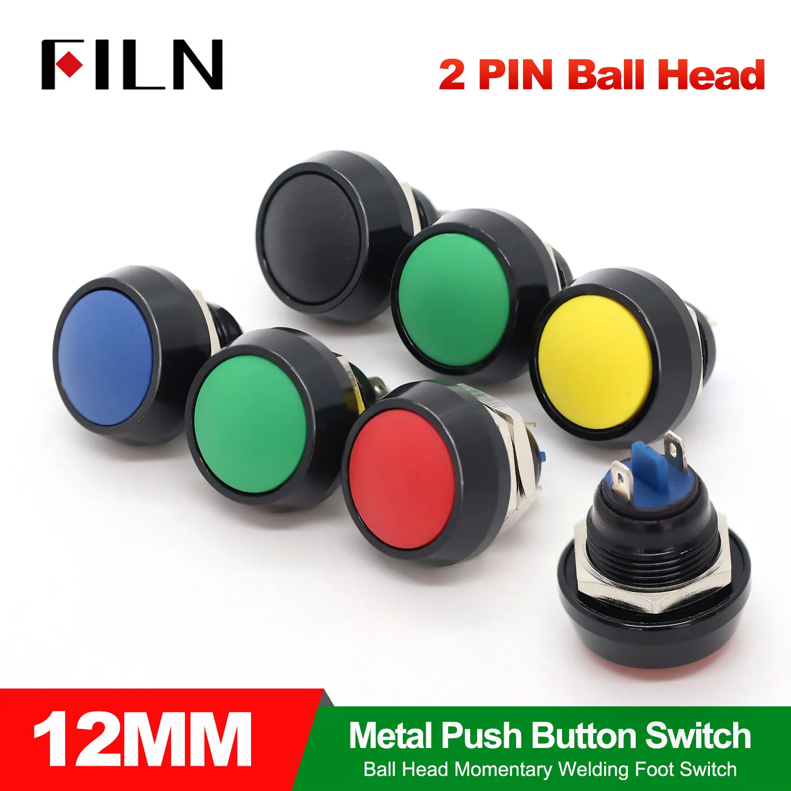 5-Unit Set Mini Samll Push Button Blcack ShellRound Head ON OFF Momentary Switch 2 Pin 12mm Waterproof Power Reset Non-locking