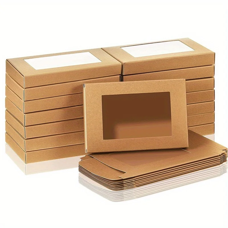 50 Pack Mini Kraft Paper Gift Boxes with Clear Windows for Jewelry Display, Candy Packaging, Wedding Party Favors