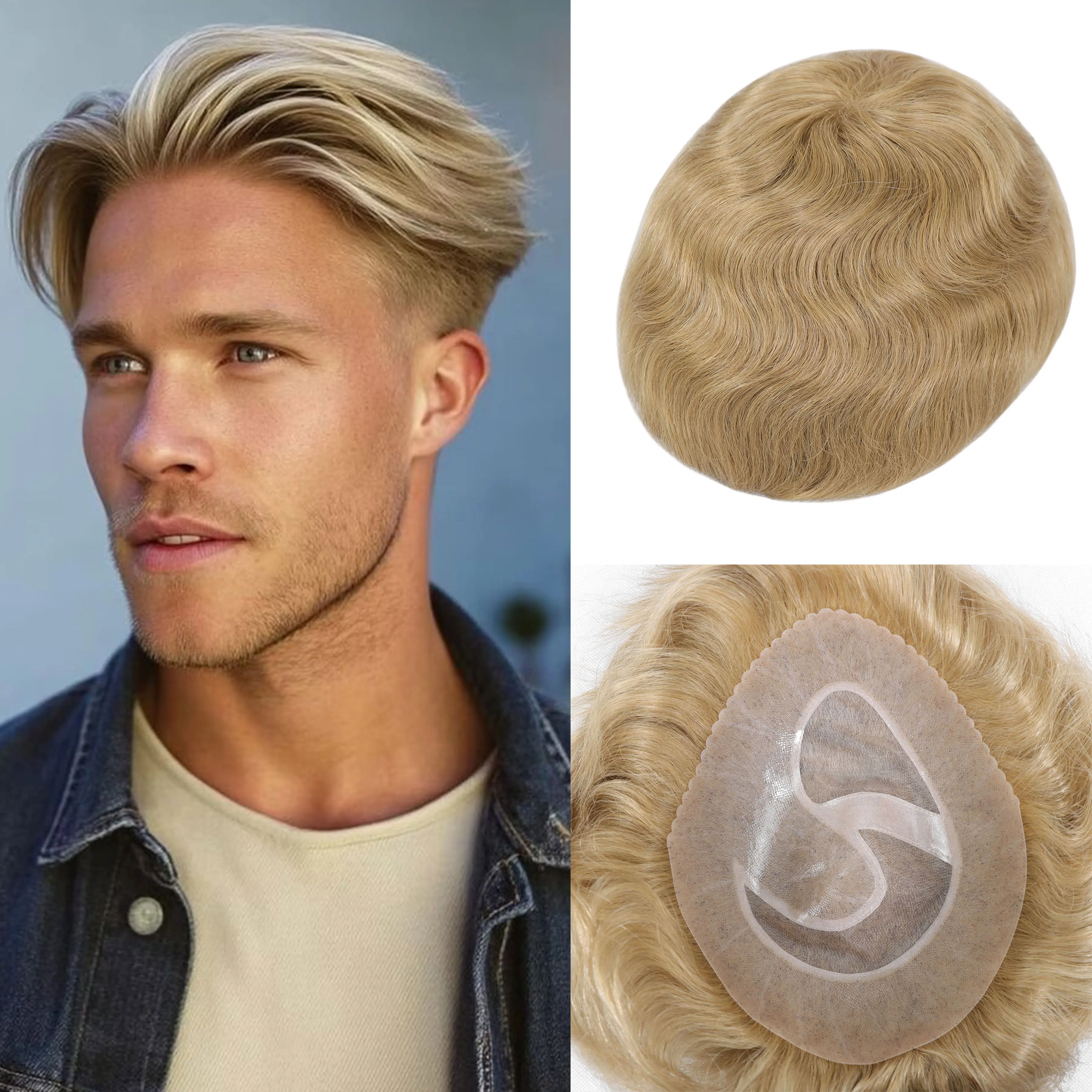 

Blonde Men‘s Toupee Human Hair System For Men SIA Men's Hairpiece Mono With PU Units Male Hair Replacement Prosthesis 8x10Inch