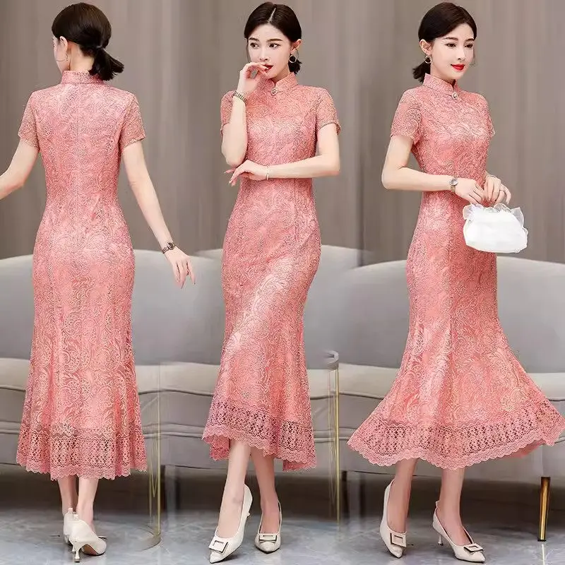 Mom's Youth Daily Improvement Qipao Wedding Dress Women 2024 Spring Summer Noble Elegant Lace Dress Short Sleeve Vestido K1003