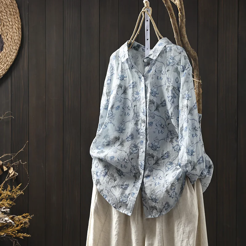Loose Long Sve Cotton Linen Women's irt Street Sle Printed Casual Versatile Single Buttoned Autumn Summer New Retro Art