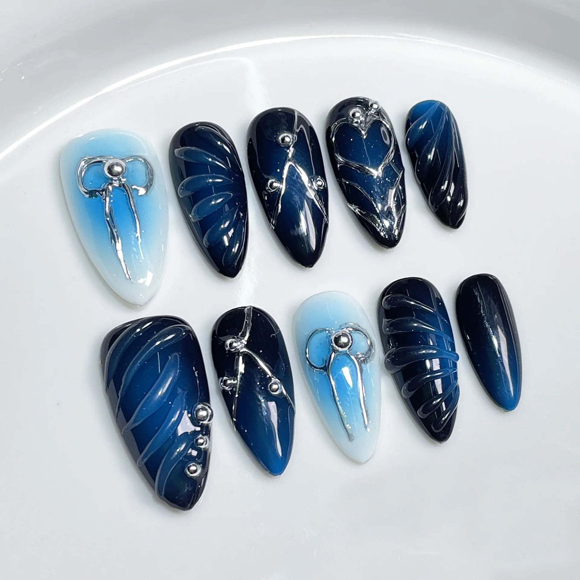 

10Pcs Medium Almond Handmade Press on Nails Full Cover Blue Powder Blusher with Bow Design Sweet Cool Wearable Manicure Nail Tip