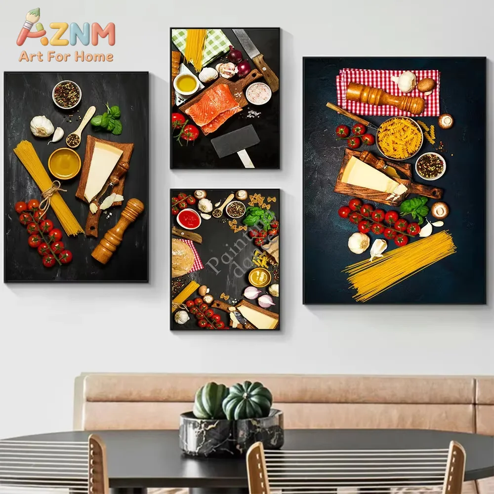 Raw Pasta With Tomatoes and Cheese Posters Prints Pizza with Meats Food Wall Art Canvas Painting for Kitchen Room Home Decor