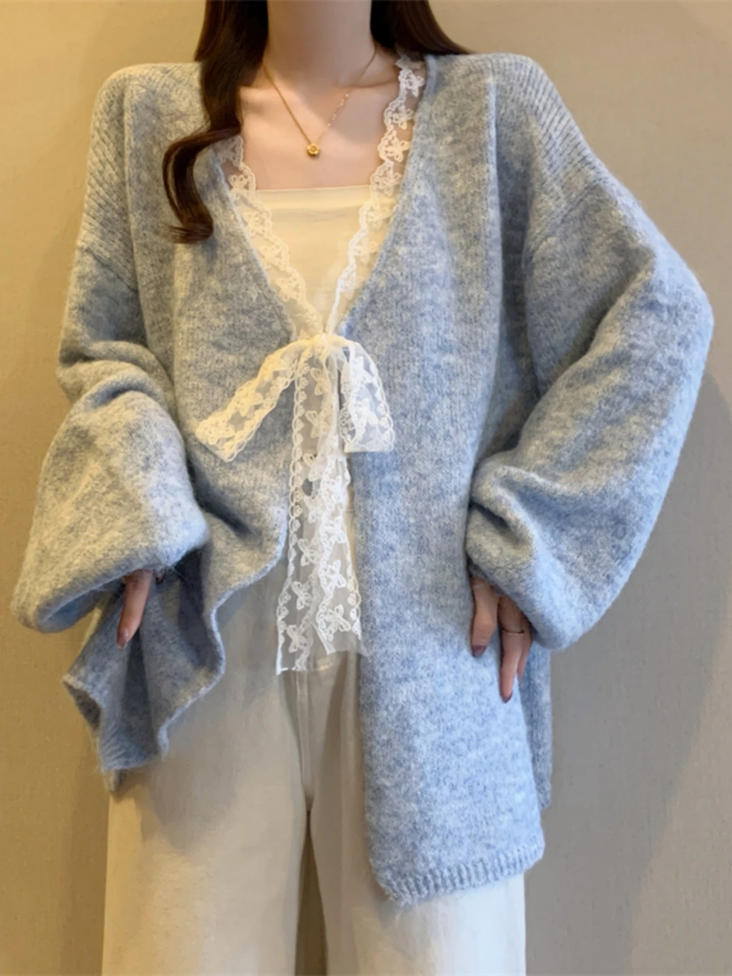 

Korean Style V-Neck Knitted Open Cardigan Sweater Women's Spring Autumn plus Size Lace Belted Knot Top
