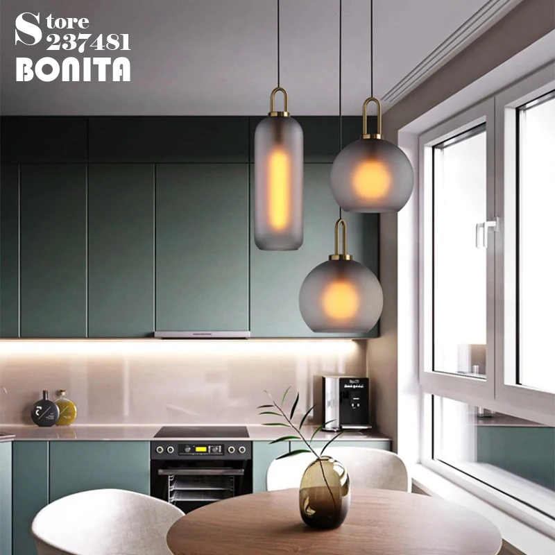 Nordic Clear Glass Sphere Ceiling Chandelier Kitchen Dinning Table Bedroom Lighting Fixture Gray Frosted Cylinder Pendant Lamp