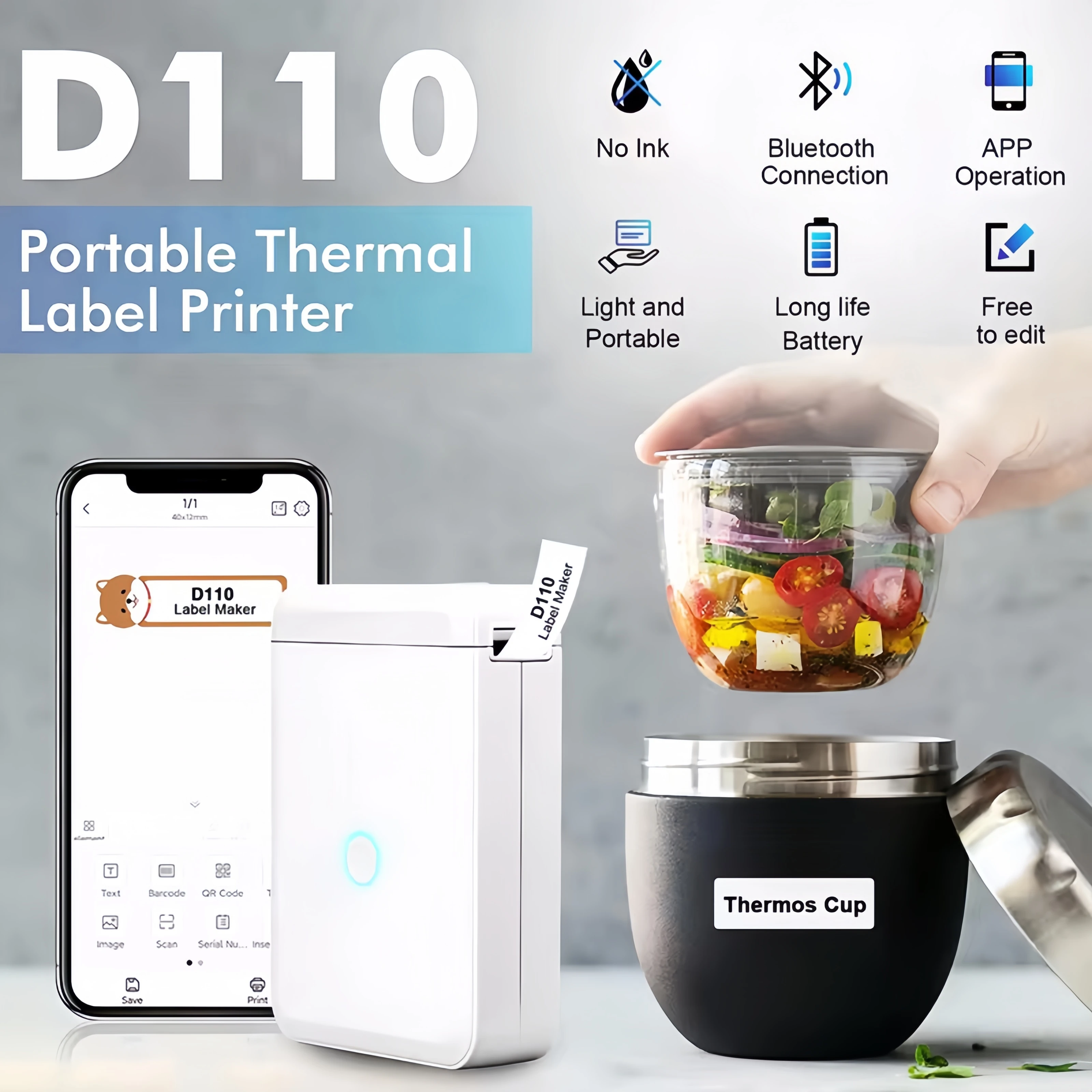 Niimbot D110 Mini Portable Thermal Printer Inkless Pocket Bluetooth Label Printer Adhesive Anti-Oil UV for Mobile